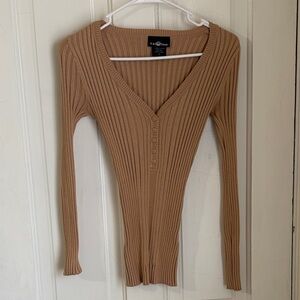 It's Our Time Tan Ribbed V-Neck Top